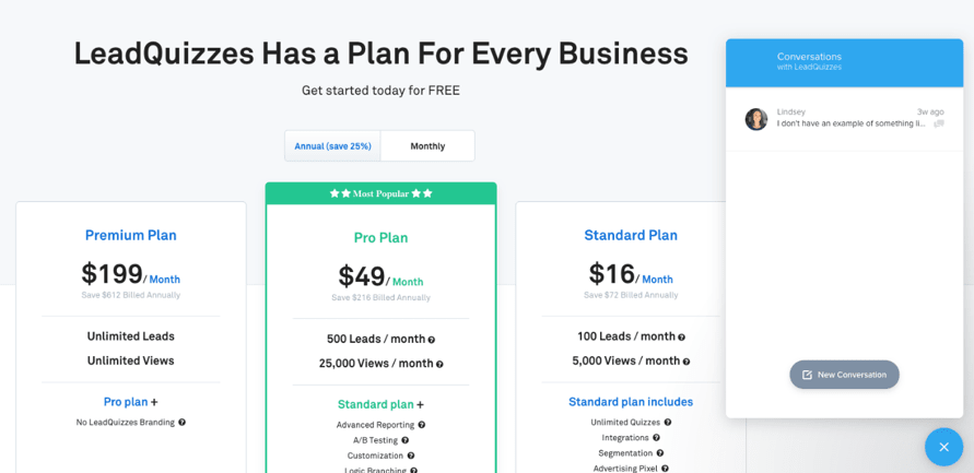 Chat on the Pricing Page of Leadquizes