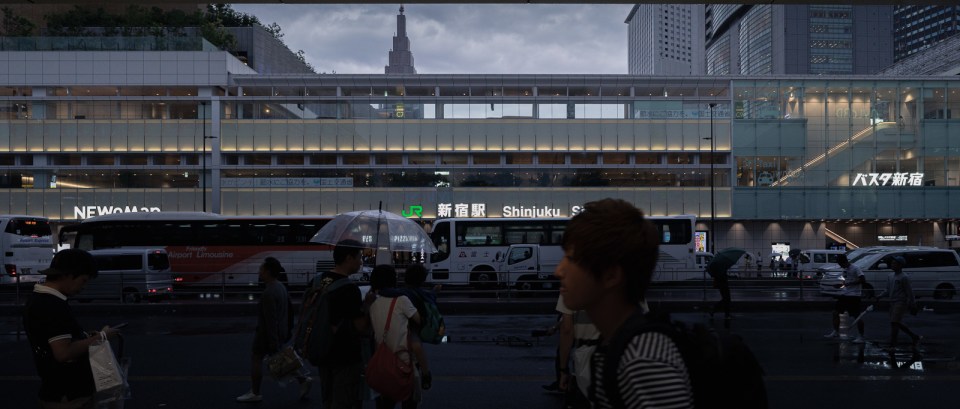Shinjuku Station New South Exit Gate on a rainy day in Shinjuku, Tokyo, Japan.