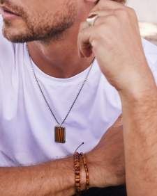 Men’s Oxidized Sterling Silver Dog Tag Necklace in Brown Tiger’s Eye