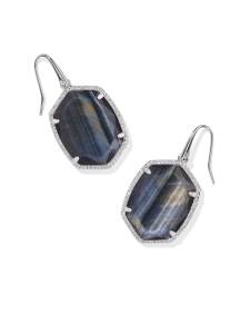 Daphne Silver Pave Frame Drop Earrings in Navy Tiger's Eye