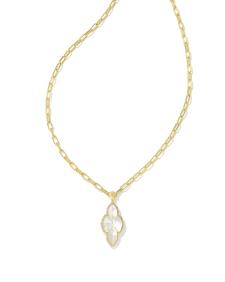 Abbie Gold Pave Frame Large Long Pendant Necklace in Ivory Mother-of-Pearl