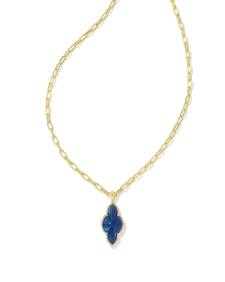 Abbie Gold Pave Frame Large Long Pendant Necklace in Navy Abalone