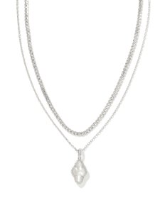 Abbie Silver Pave Frame Multi Strand Necklace in Ivory Mother-of-Pearl