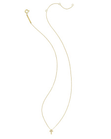 Tiny Cross 14k Yellow Gold Pendant Necklace in White Diamond