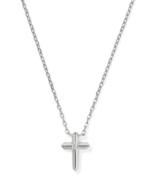 Tiny Cross 14k White Gold Pendant Necklace in White Diamond