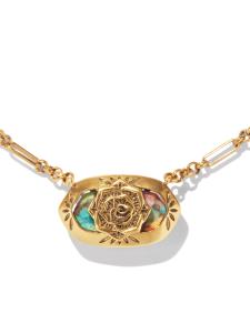 Elisa Vintage Gold Etch Frame Short Pendant Necklace in Bronze Veined Turquoise Magnesite Red Oyster
