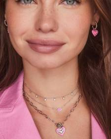 Ari Heart Silver Enamel Frame Link and Chain Necklace in Pink Iridescent Glitter Glass