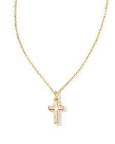 Cross Gold Pendant Necklace in White Lab Grown Opal