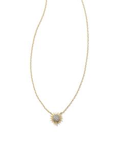 Tiny Sunburst 14k Yellow Gold Pendant Necklace in White Diamond