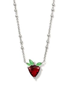 Strawberry Silver Short Pendant Necklace in Dark Pink Crystal