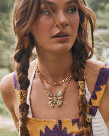 Ember Vintage Gold Butterfly Statement Necklace in Bronze Veined Turquoise Magnesite Red Oyster