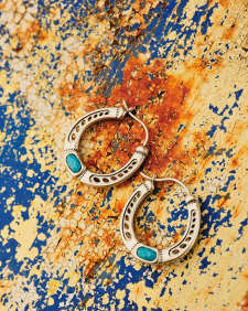 Noble Vintage Silver Horseshoe Hoop Earrings in Variegated Dark Teal Magnesite