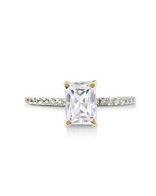 3 ct Solitaire N-S Emerald Engagement Ring with Pave Diamonds in 14k Yellow Gold
