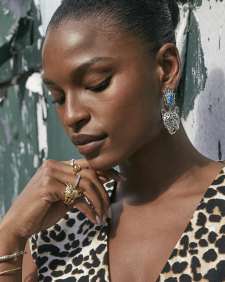 Maura Vintage Silver Jaguar Statement Earrings in Variegated Indigo Magnesite