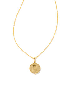 Letter R Gold Disc Reversible Pendant Necklace in Iridescent Abalone