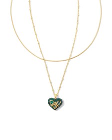 Penny Gold Heart Multi Strand Necklace in Green Mix