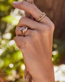 Davie Intaglio Gold Statement Ring in Light Sky Blue Glass Hummingbird