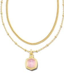 Davie Intaglio Gold Multi Strand Necklace in Pink Opalite Glass Dragonfly