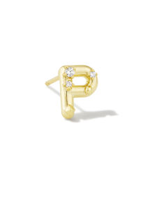 Crystal Letter P Gold Single Stud Earring in White Crystal