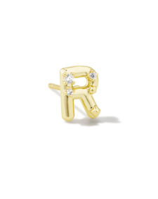 Crystal Letter R Gold Single Stud Earring in White Crystal