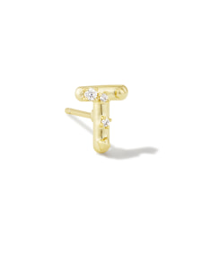 Crystal Letter T Gold Single Stud Earring in White Crystal