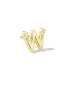 Crystal Letter W Gold Single Stud Earring in White Crystal