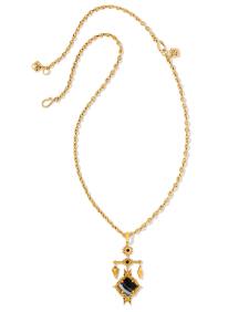 Cass Vintage Gold Large Long Pendant Necklace in Black Banded Agate