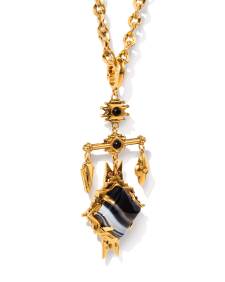 Cass Vintage Gold Large Long Pendant Necklace in Black Banded Agate