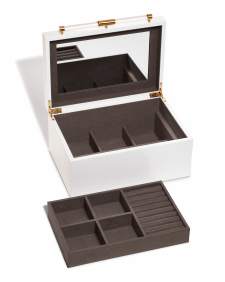 Medium Antique Brass Jewelry Box in White Lacquer