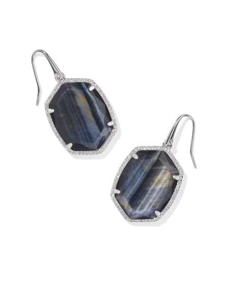 Daphne Silver Pave Frame Drop Earrings in Navy Tiger's Eye