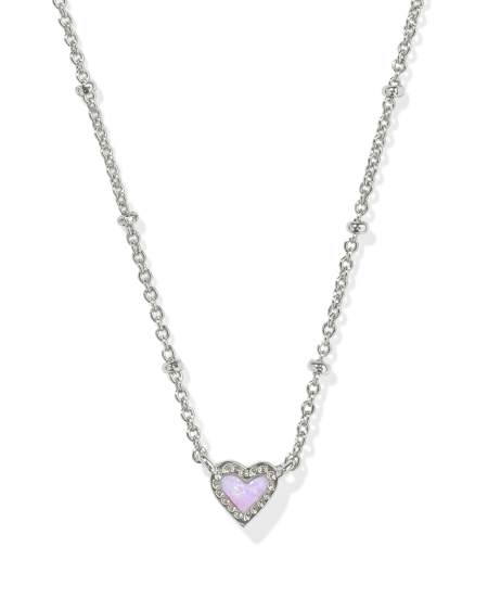 Mini Ari Heart Silver Satellite Short Pendant Necklace in Bubblegum Pink Lab Grown Opal