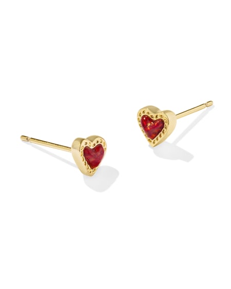 Mini Ari Heart Gold Stud Earrings in Red Lab Grown Opal