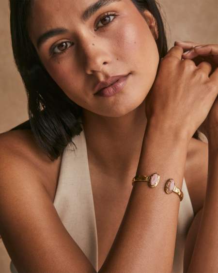 Elton Vintage Gold Etch Frame Cuff Bracelet in Blush Pink Quartzite