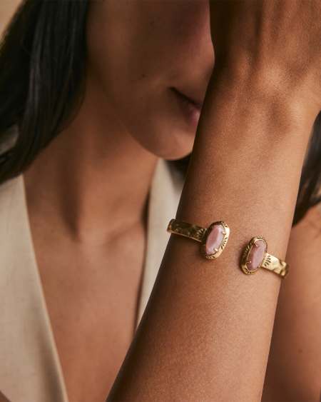 Elton Vintage Gold Etch Frame Cuff Bracelet in Blush Pink Quartzite