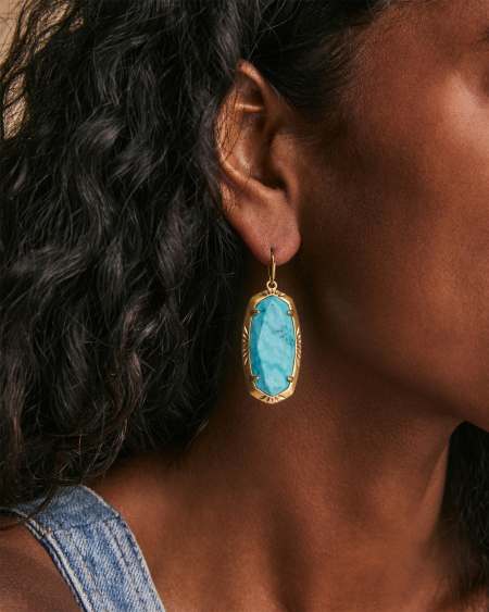 Elle Vintage Gold Etch Frame Drop Earrings in Variegated Turquoise Magnesite