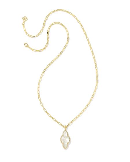 Abbie Gold Pave Frame Large Long Pendant Necklace in Ivory Mother-of-Pearl