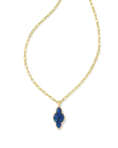 Abbie Gold Pave Frame Large Long Pendant Necklace in Navy Abalone
