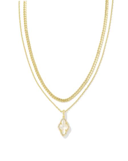 Abbie Gold Pave Frame Multi Strand Necklace in Ivory Mother-of-Pearl
