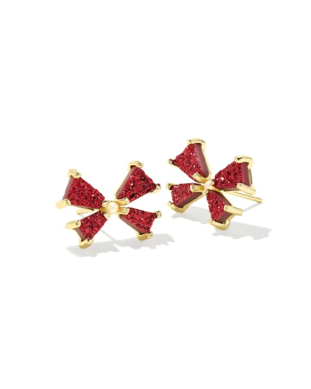 Blair Gold Bow Small Stud Earrings in Bright Red Drusy