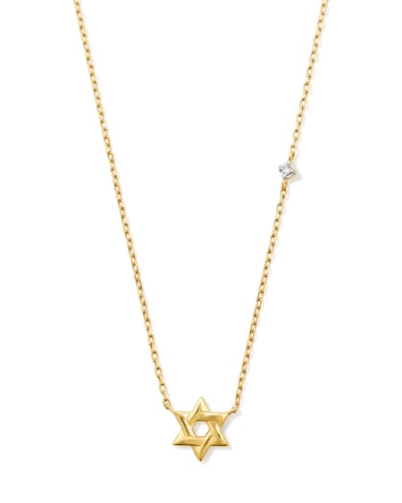 Tiny Star of David 14k Yellow Gold Pendant Necklace in White Diamond