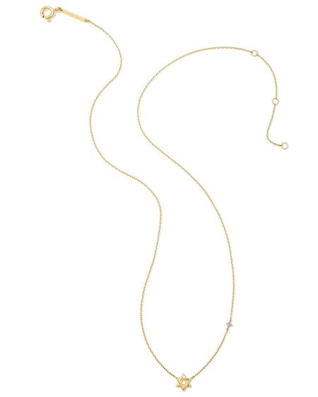 Tiny Star of David 14k Yellow Gold Pendant Necklace in White Diamond