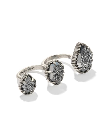 Naomi Vintage Silver Two Finger Statement Ring in Platinum Drusy