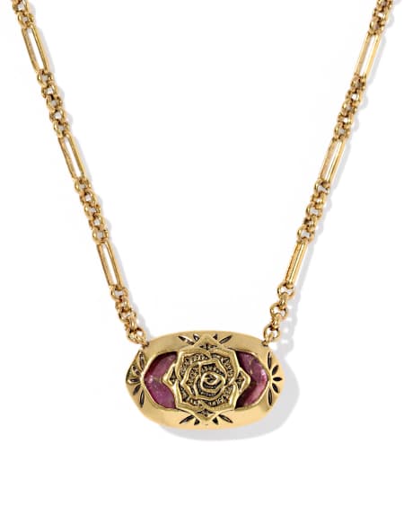 Elisa Vintage Gold Etch Frame Short Pendant Necklace