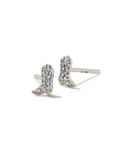Tiny Cowboy Boot 14k White Gold Stud Earrings in White Diamond