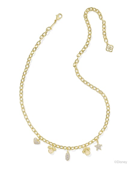 Disney | Kendra Scott Gold Mickey Mouse and Minnie Mouse Charm Necklace in Iridescent White Mix