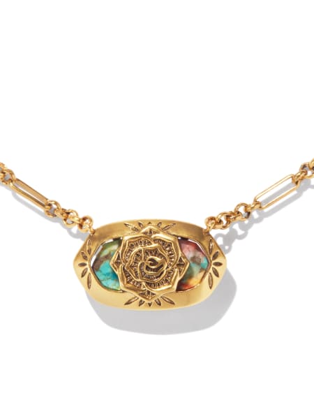 Elisa Vintage Gold Etch Frame Short Pendant Necklace in Blush Pink Quartzite