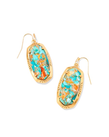 Elle Vintage Gold Etch Frame Drop Earrings in Bronze Veined Turquoise Magnesite Red Oyster