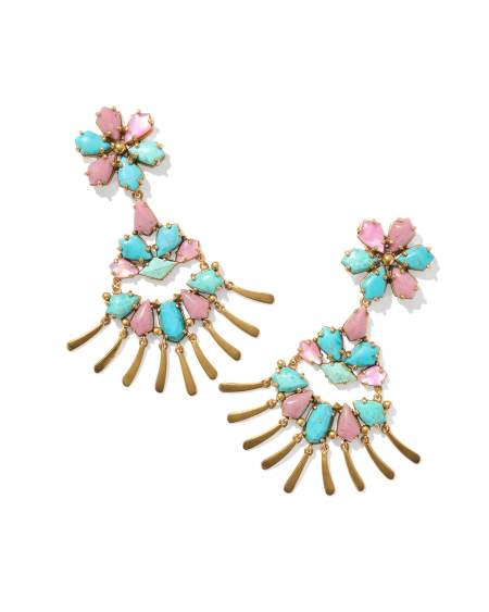 Flynn Vintage Gold Statement Earrings in Teal Pink Mix
