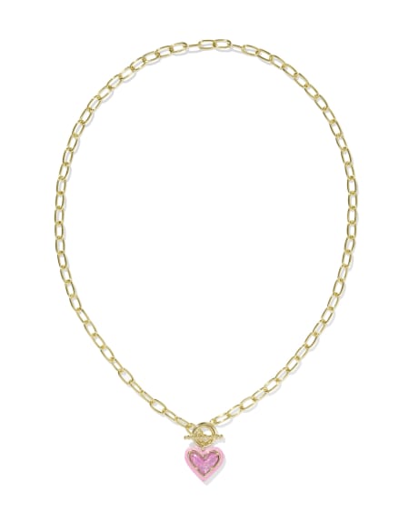 Ari Heart Gold Enamel Frame Link and Chain Necklace in Pink Iridescent Glitter Glass