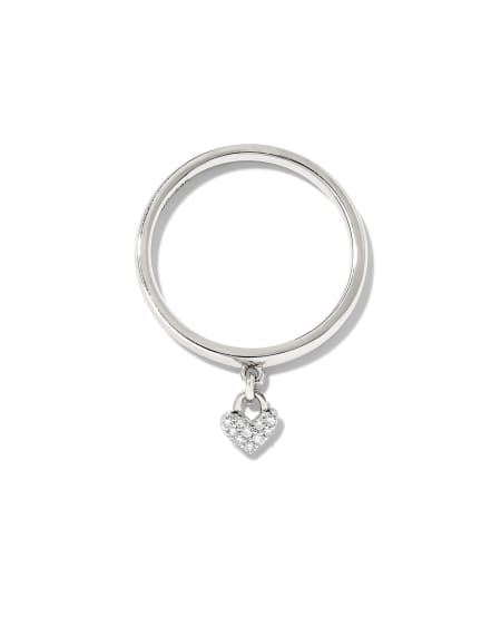 Pave Heart Padlock 14k White Gold Band Ring in White Diamond